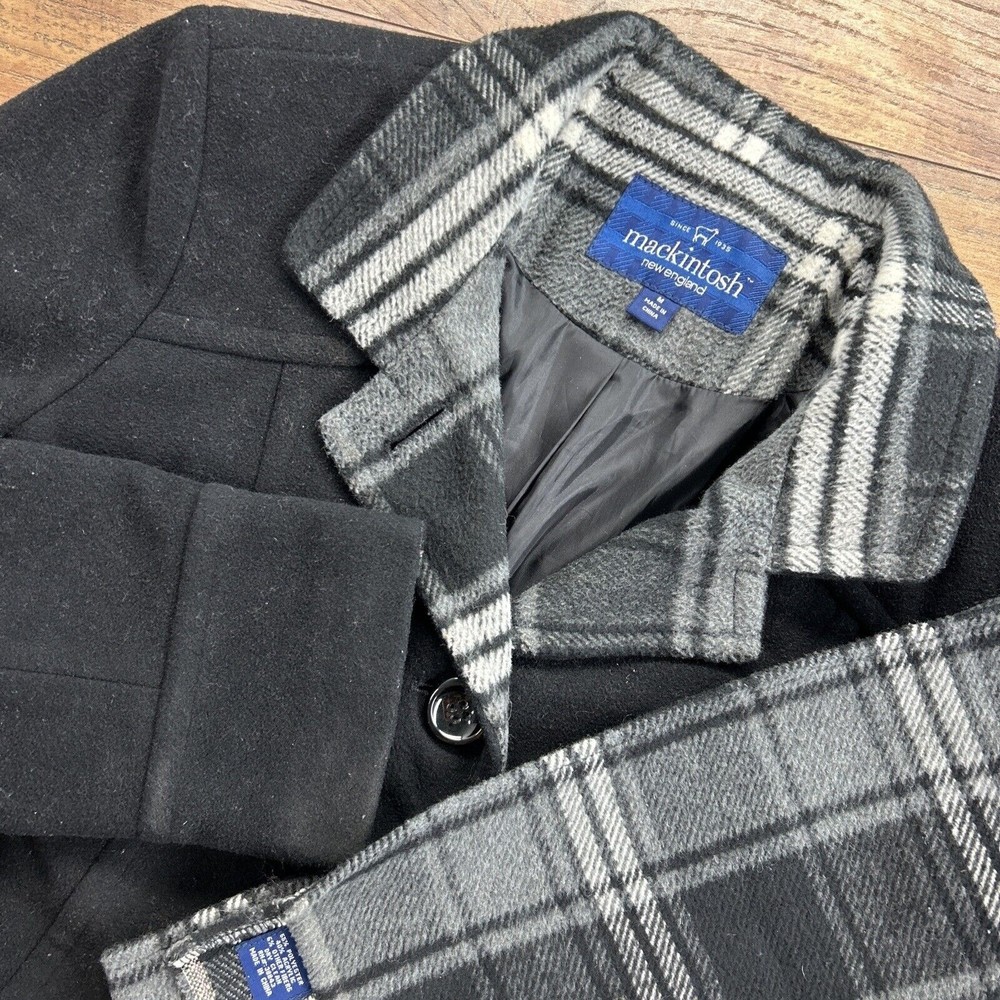 New England Mackintosh Wool Coat With Plaid Scarf & Lining Black Sz M Womens